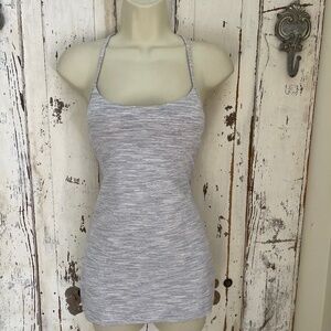 Lululemon Y Power Pose Gray White Athletic Yoga Sports Bra Racer Back Tank Top